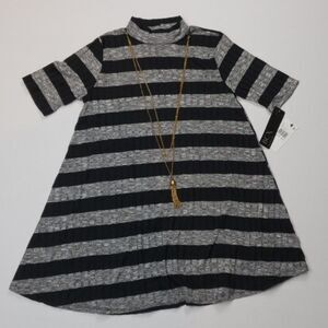NWT BCX Striped Mock Neck A-Line Dress with Necklace Black Grey XXS